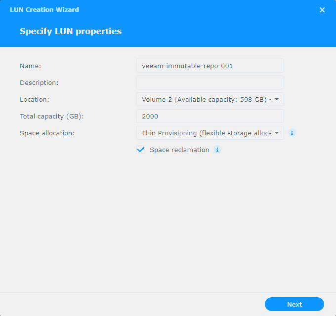 Synology SAN Manager - new thin-provisioned LUN