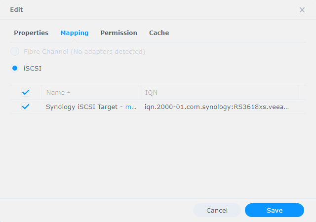 Synology LUN to iSCSI target mapping via the LUN Edit dialog Mapping tab
