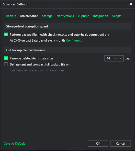 Advanced Settings - Maintenance tab with corruption guard and file maintenance sections