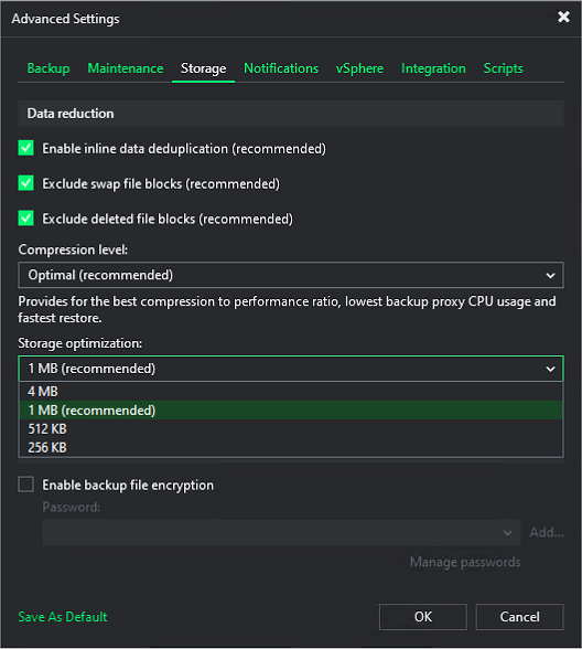 Advanced Settings - Storage tab with Data reduction options and block-size dropdown