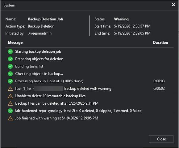 Veeam refusing to delete an immutable restore point - the money shot