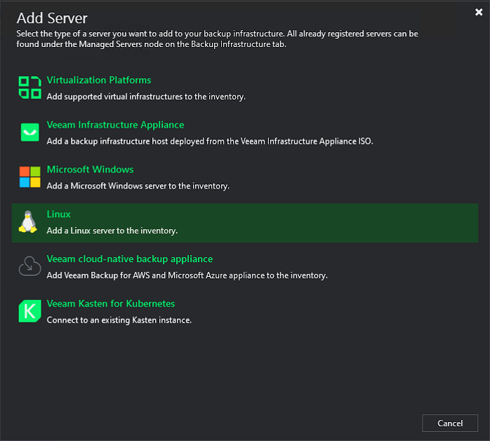 Veeam Add Server wizard - Linux selected to add the hardened repo VM as a managed server